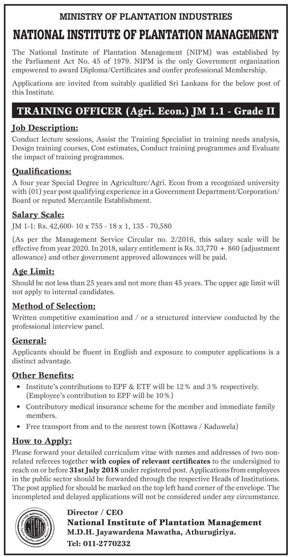 Training Officer - National Institute of Plantation Management